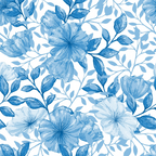 blue flowers, watercolor style, floral pattern, botanical design, hibiscus blooms, leafy branches, monochromatic blue, soft pastels,, fabric panel, country flowers, delicate petals, flowing vines, garden motifs, seamless repeat, cottage core, nature inspired, hand painted look, textile design, crafting material