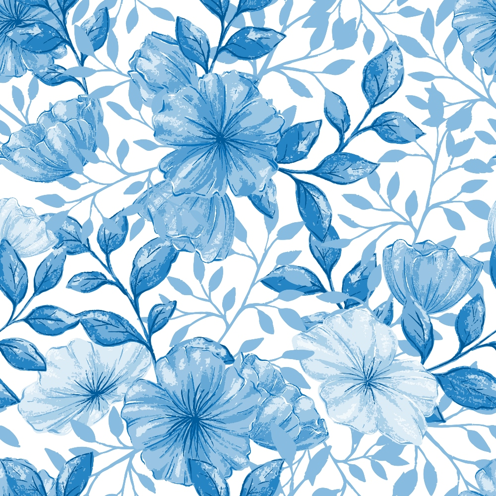 blue flowers, watercolor style, floral pattern, botanical design, hibiscus blooms, leafy branches, monochromatic blue, soft pastels,, fabric panel, country flowers, delicate petals, flowing vines, garden motifs, seamless repeat, cottage core, nature inspired, hand painted look, textile design, crafting material