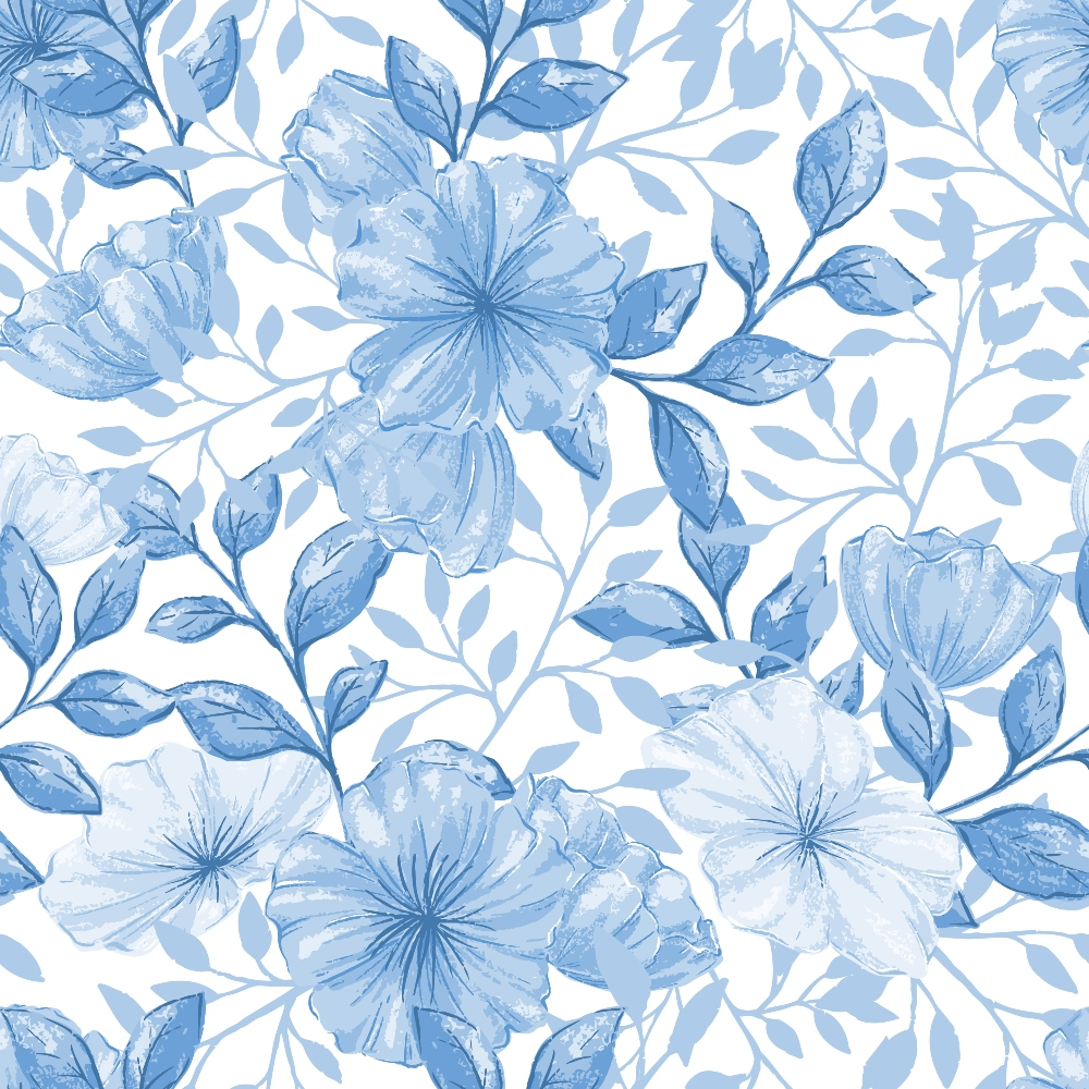 blue flowers, watercolor style, floral pattern, hibiscus blooms, botanical design, leafy vines, monochromatic blue, soft petals,, fabric panel, tropical flowers, delicate branches, country flowers, seamless repeat, nature motif, powder blue, periwinkle, flowing stems, organic shapes, cotton fabric