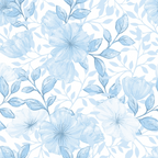 powder blue, soft blue, white background, floral pattern, botanical design, hibiscus flowers, tropical blooms, leaves and stems, watercolor style, delicate flowers, seamless repeat,, fabric panel, country flowers, gentle motif, nature inspired, pastel tones, vintage florals, cotton fabric, craft material