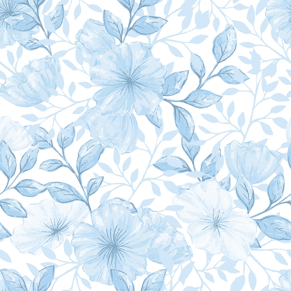 powder blue, soft blue, white background, floral pattern, botanical design, hibiscus flowers, tropical blooms, leaves and stems, watercolor style, delicate flowers, seamless repeat,, fabric panel, country flowers, gentle motif, nature inspired, pastel tones, vintage florals, cotton fabric, craft material
