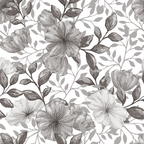 gray, charcoal, white, monochrome, floral pattern, large flowers, botanical design, leaves, branches, vintage style, watercolor effect, seamless repeat,, fabric panel, country flowers, nature motif, soft tones, delicate blooms, organic shapes, romantic florals