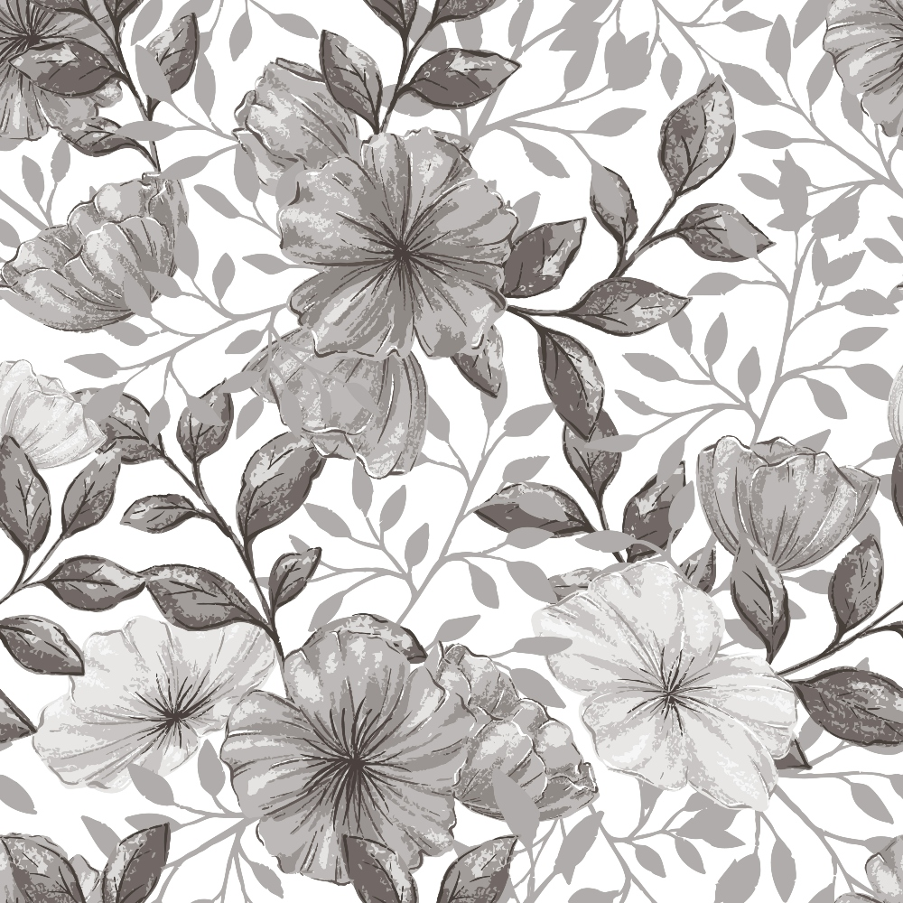 gray, charcoal, white, monochrome, floral pattern, large flowers, botanical design, leaves, branches, vintage style, watercolor effect, seamless repeat,, fabric panel, country flowers, nature motif, soft tones, delicate blooms, organic shapes, romantic florals