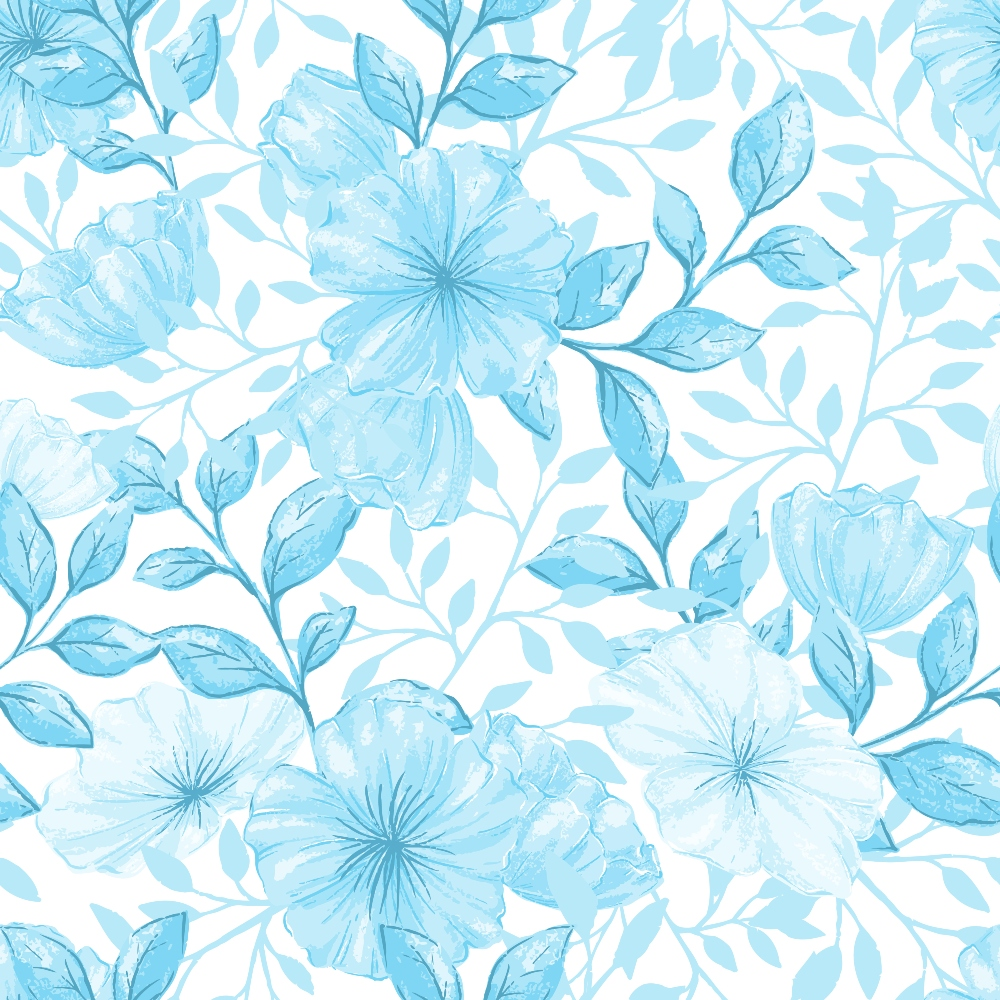 light blue, powder blue, floral pattern, hibiscus flowers, tropical blooms, leaves, botanical design, watercolor style, soft texture,, fabric panel, seamless repeat, delicate florals, monochromatic, pastel tones, nature motif, garden flowers, flowing vines, organic shapes, cotton fabric