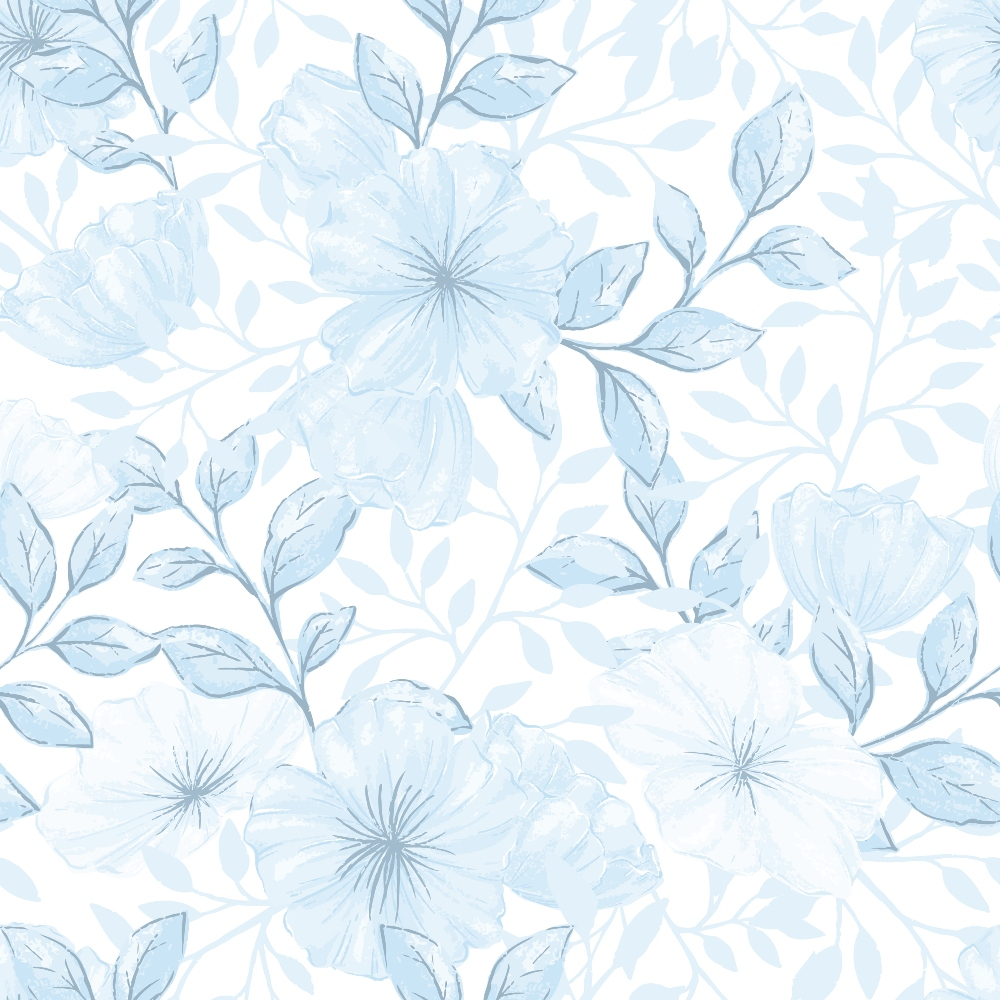 powder blue, pale blue, white, floral pattern, hibiscus flowers, tropical flowers, leaves, branches, botanical design, delicate flowers, soft pastels, watercolor style, repeating pattern,, fabric panel, spring florals, feminine design, light blue blooms, nature motifs, seamless pattern