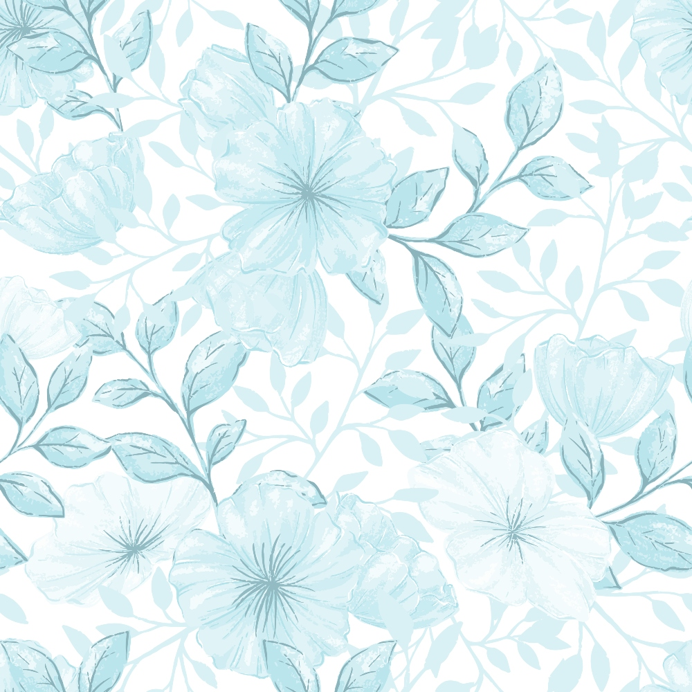 powder blue, pale aqua, soft teal, white background, floral pattern, large blooms, leafy branches, botanical design, delicate flowers, watercolor style, subtle texture, repeating motif, country garden, soft pastels,, fabric panel, feminine florals, vintage inspired, romantic mood, gentle aesthetic