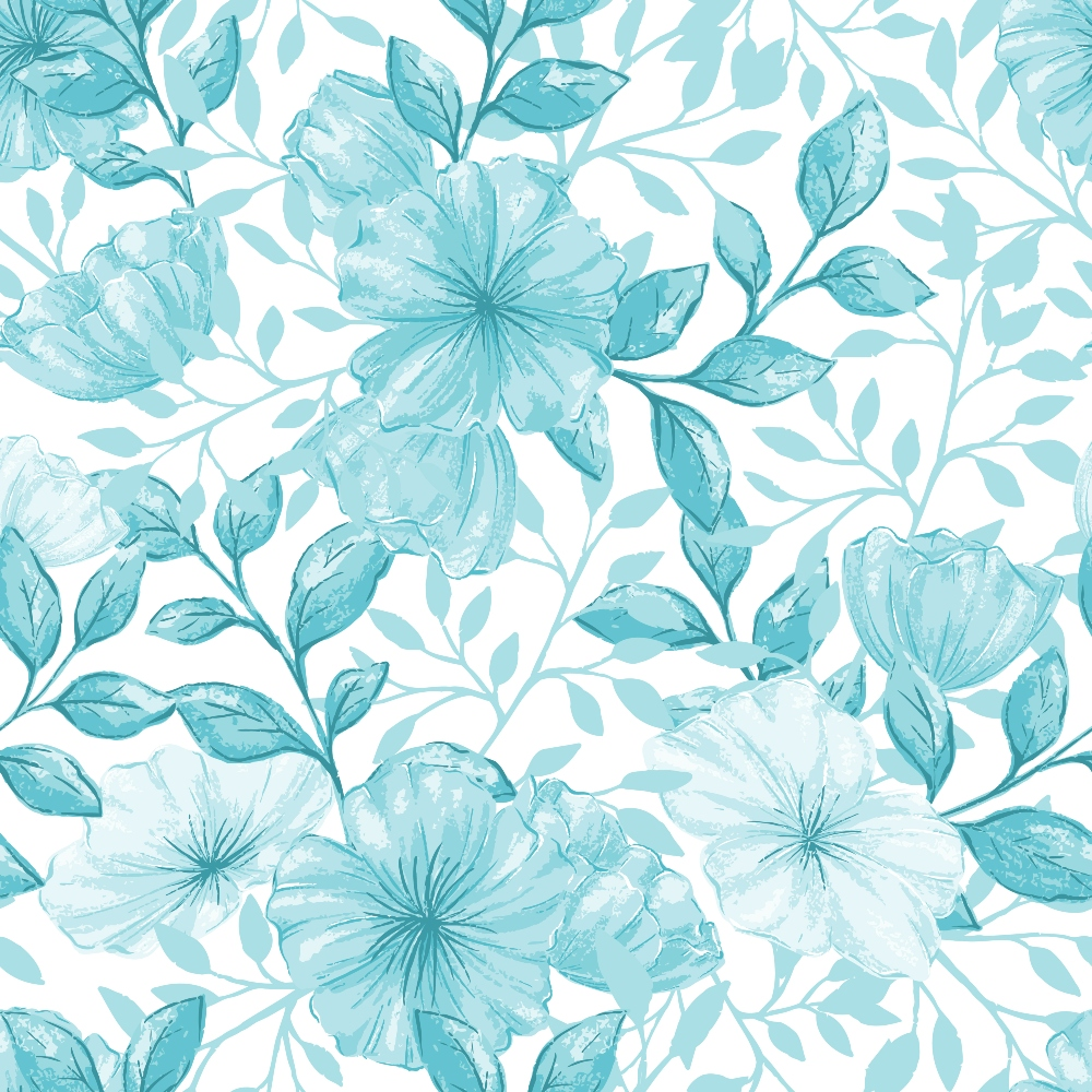 turquoise, aqua blue, teal, white background, floral pattern, large flowers, botanical design, leaves, stems, watercolor style, soft pastels, feminine, spring theme,, fabric panel, delicate blooms, nature motif, seamless repeat, crafting material, sewing fabric