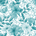 teal, turquoise, aqua, white background, floral pattern, hibiscus flowers, tropical blooms, leafy vines, botanical design, watercolor style, seamless repeat,, fabric panel, spring motif, delicate petals, flowing branches, soft pastels, nature inspired, cottage garden, vintage florals