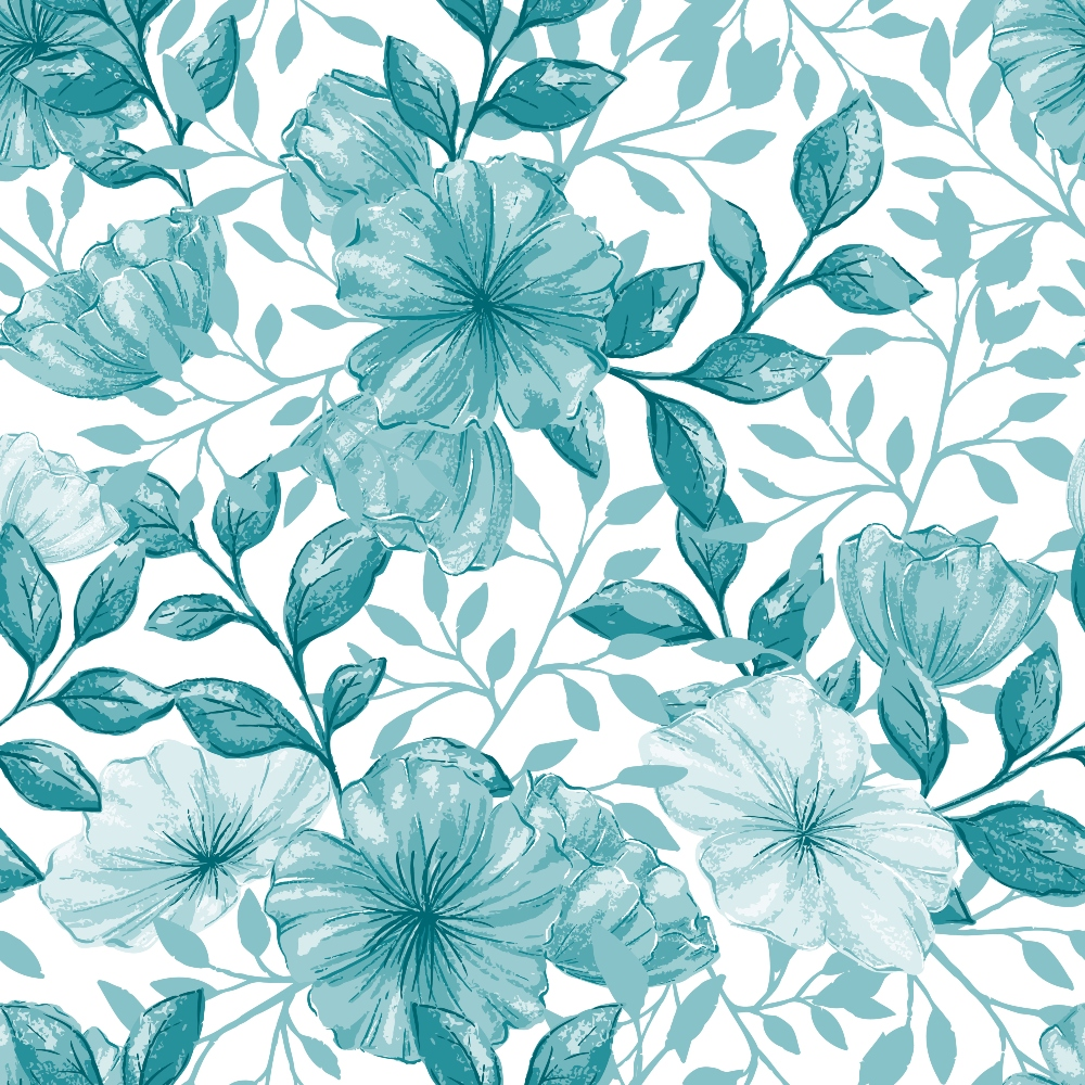 teal, turquoise, aqua, white background, floral pattern, hibiscus flowers, tropical blooms, leafy vines, botanical design, watercolor style, seamless repeat,, fabric panel, spring motif, delicate petals, flowing branches, soft pastels, nature inspired, cottage garden, vintage florals