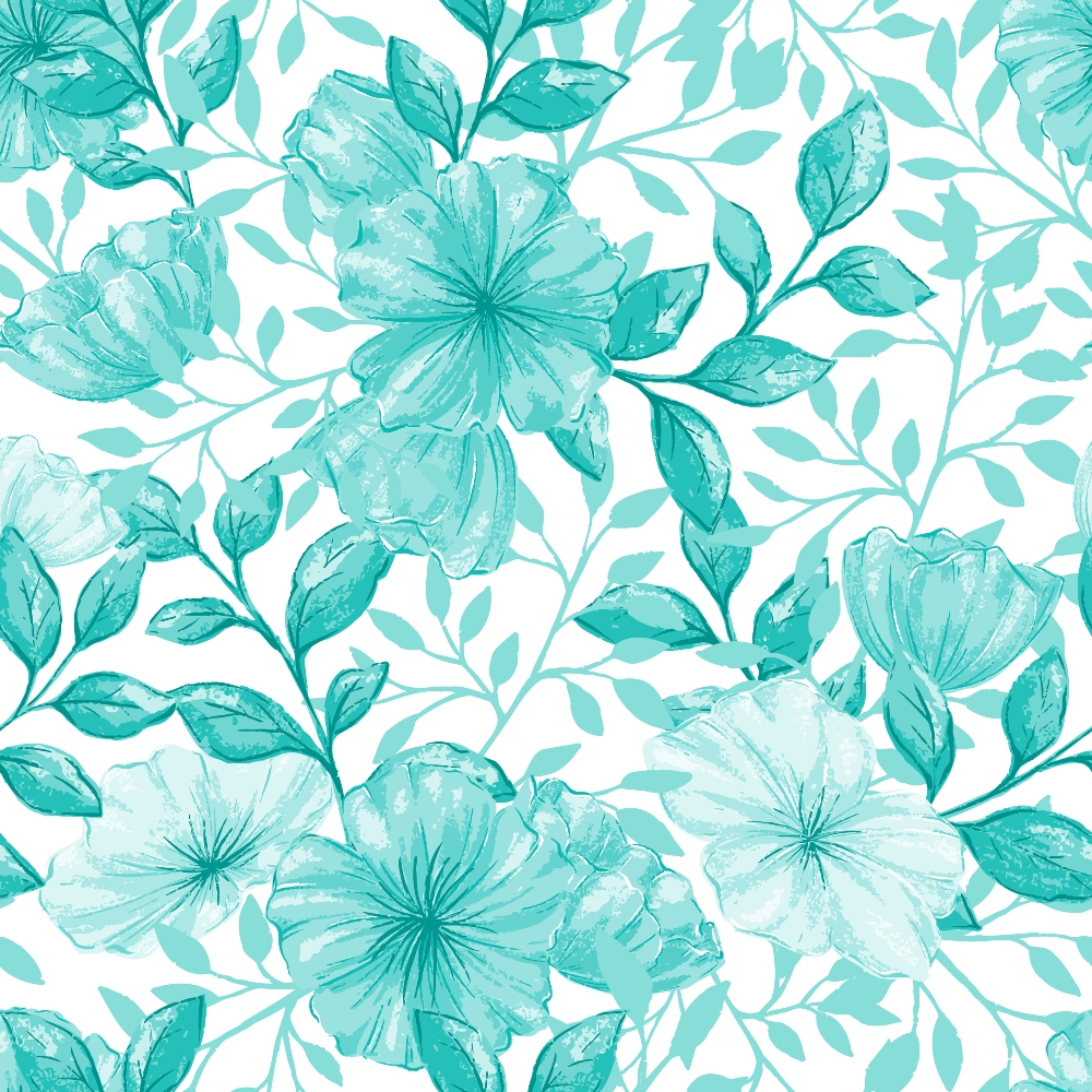 turquoise, aqua, teal, mint green, watercolor flowers, hibiscus blooms, tropical flowers, leafy branches, botanical pattern, seamless repeat,, fabric panel, floral design, watercolor style, soft pastels, delicate petals, nature motif, spring flowers, feminine pattern, crafting fabric