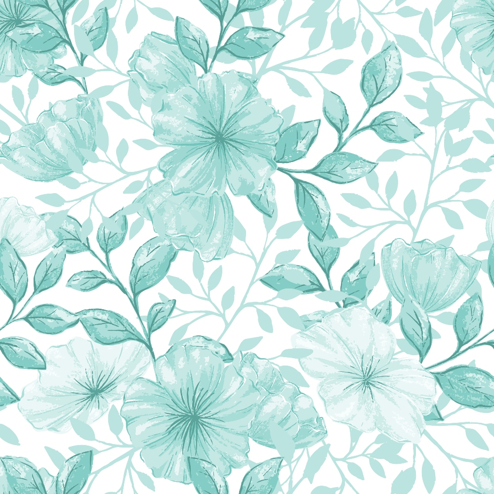 mint green, seafoam, aqua, watercolor flowers, botanical pattern, floral design, leaves and stems, delicate petals, soft pastels, repeating pattern,, fabric panel, spring florals, nature motif, gentle artwork, crafting material, sewing fabric, feminine design, vintage style