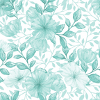 mint green, seafoam, aqua, watercolor flowers, botanical pattern, floral design, leaves and stems, delicate petals, soft pastels, repeating pattern,, fabric panel, spring florals, nature motif, gentle artwork, crafting material, sewing fabric, feminine design, vintage style