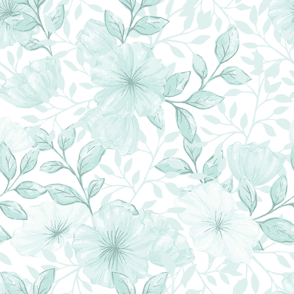 pale green, mint green, watercolor flowers, botanical pattern, delicate florals, leafy branches, soft pastels,, fabric panel, floral motif, nature inspired, gentle artwork, country style, gardening theme, feminine design, craft fabric, sewing material, spring colors, vintage feel