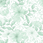 pale green, mint green, sage green, white background, floral pattern, large flowers, botanical design, leaves and stems, delicate blooms, watercolor style, soft pastel, nature motif,, fabric panel, repeating pattern, feminine design, gentle mood, spring flowers, crafting material, sewing fabric