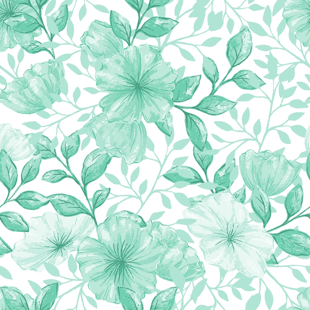 mint green, sage green, watercolor flowers, botanical pattern, floral design, large blooms, leafy vines, delicate petals, soft pastels, repeating pattern,, fabric panel, garden flowers, romantic florals, seamless design, nature motif, spring flowers, watercolor style, cotton fabric, botanical illustration