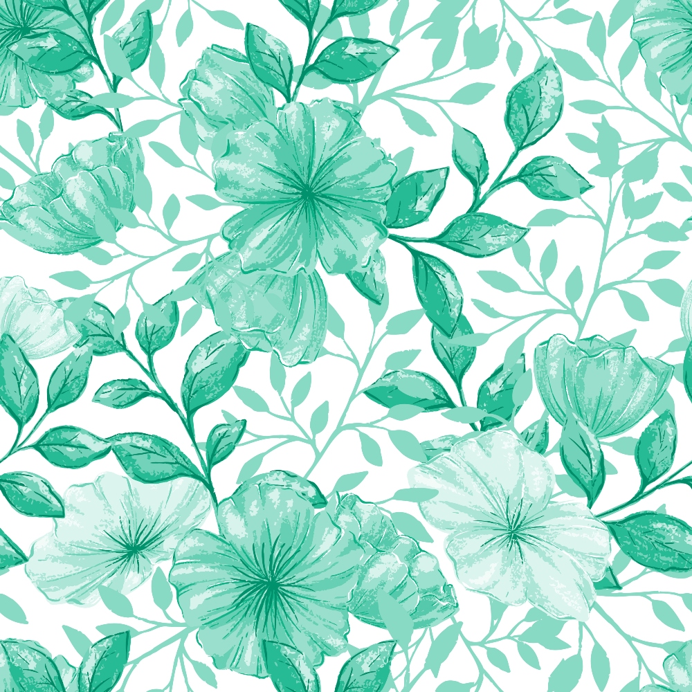 green, mint green, emerald, watercolor flowers, floral pattern, botanical design, leaves, stems, branches, nature motif, tropical flowers, hibiscus,, fabric panel, seamless repeat, organic shapes, garden theme, spring flowers, delicate petals, flowing vines