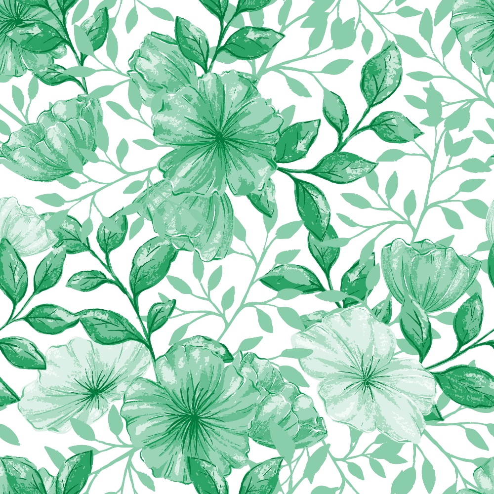 green, emerald, sage, mint, botanical, floral pattern, large flowers, leaves, branches, watercolor style, seamless repeat, nature motif,, fabric panel, spring theme, garden flowers, foliage, delicate petals, soft tones, organic design