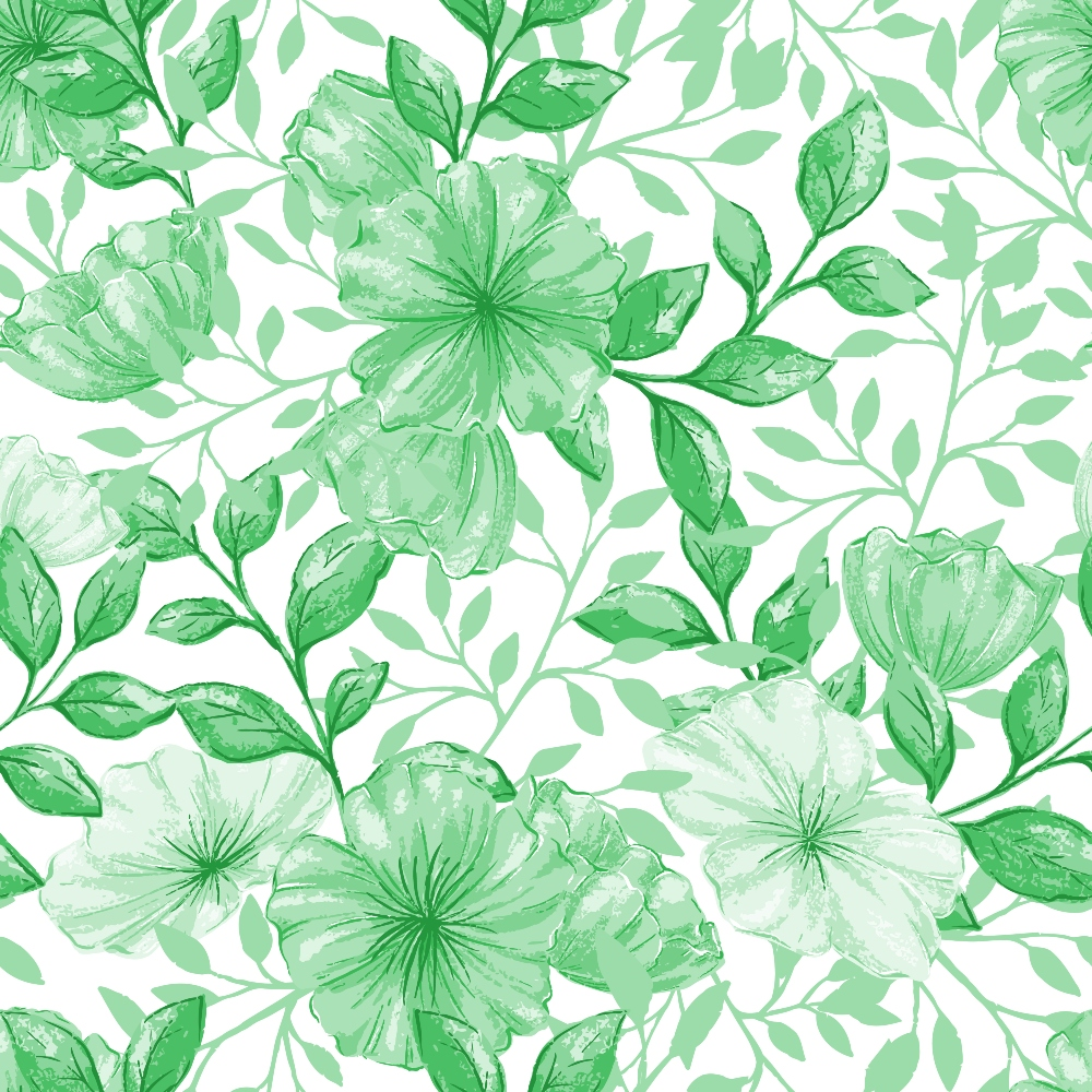green flowers, watercolor style, floral pattern, botanical design, leaves, stems,, fabric panel, spring theme, nature motif, soft green, pale green, delicate florals, garden flowers, repeating pattern, feminine design, crafting fabric, sewing material, blooming flowers, organic shapes