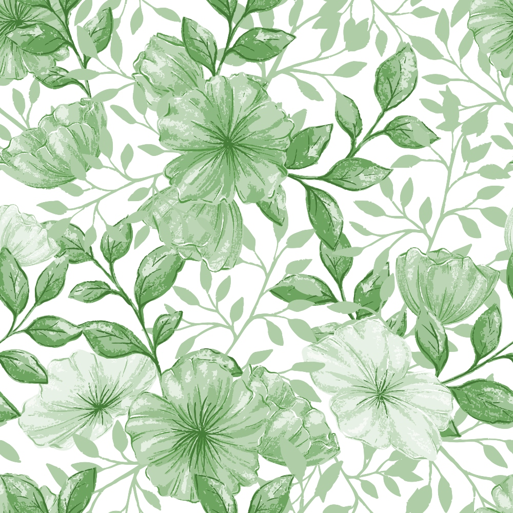 sage green, mint green, pale green, watercolor flowers, botanical pattern, floral design, large blooms, leaves and branches, delicate petals, nature motif, spring flowers, soft watercolor style,, fabric panel, seamless repeat, garden theme, feminine pattern, crafting fabric, pastel florals, organic shapes