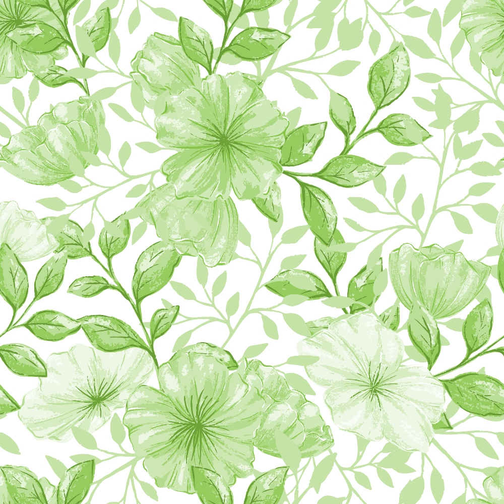 green, sage green, mint green, lime green, floral pattern, botanical design, large flowers, leaves, foliage, watercolor style, repeating pattern,, fabric panel, spring theme, nature motif, soft pastels, delicate blooms, garden flowers, seamless design, feminine style