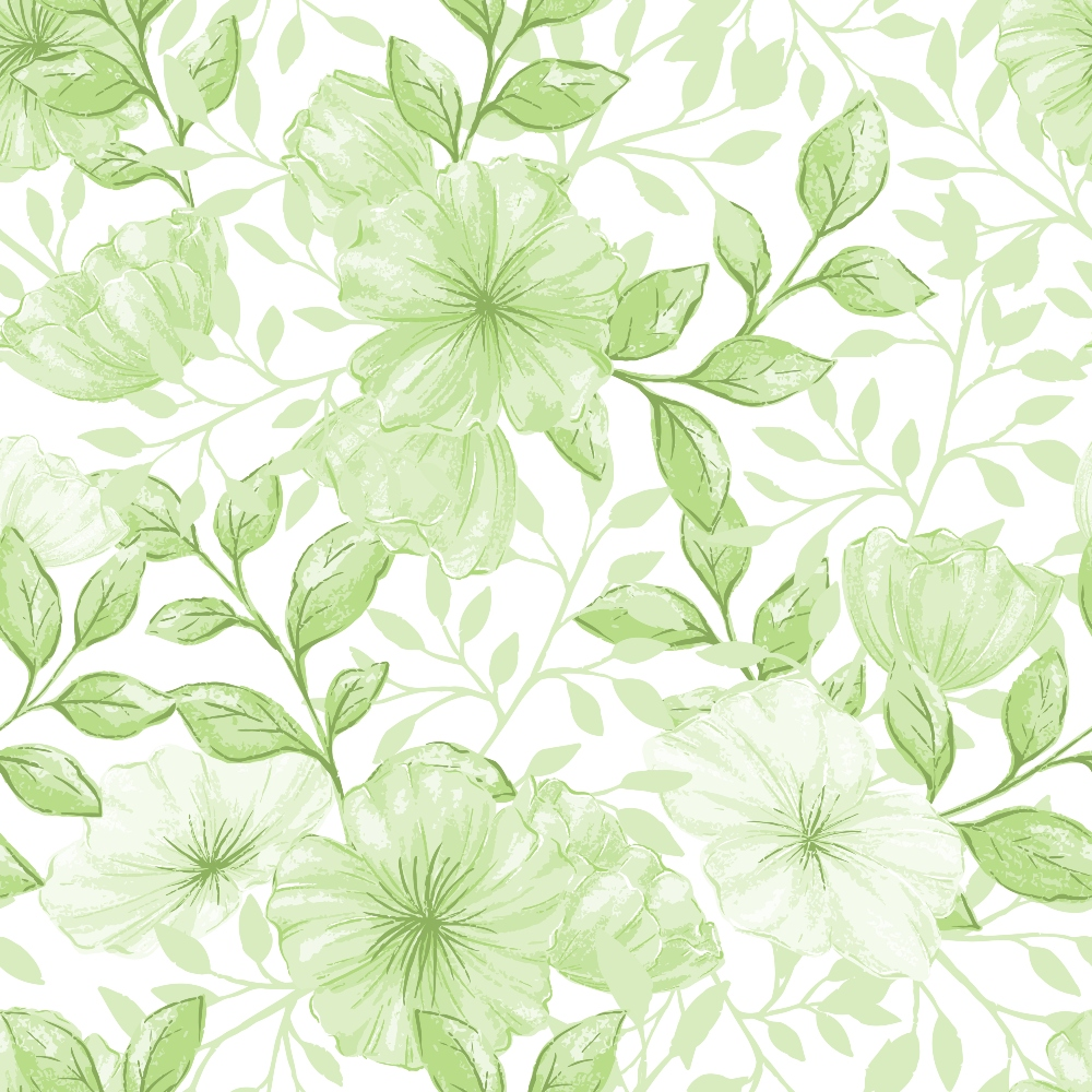 sage green, pale green, mint green, floral pattern, botanical design, large flowers, leafy vines, delicate petals, watercolor style, soft pastels, seamless repeat,, fabric panel, spring theme, nature motif, feminine aesthetic, romantic florals, garden flowers, organic shapes, flowing branches