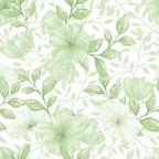 sage green, pale green, mint green, white background, floral pattern, large flowers, botanical design, leaves, branches, delicate petals, watercolor style, soft texture,, fabric panel, nature motif, garden flowers, flowing vines, elegant blooms, spring theme, subtle pattern