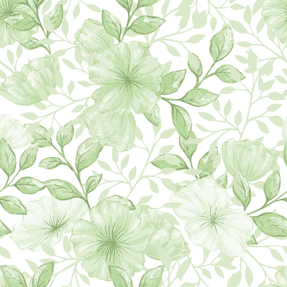 sage green, pale green, mint green, white background, floral pattern, large flowers, botanical design, leaves, branches, delicate petals, watercolor style, soft texture,, fabric panel, nature motif, garden flowers, flowing vines, elegant blooms, spring theme, subtle pattern