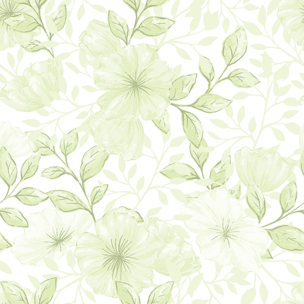 pale green, sage green, mint green, floral pattern, botanical design, large flowers, leafy branches, delicate petals, soft pastel, monochromatic, vintage style, romantic mood,, fabric panel, seamless repeat, nature motif, garden flowers, subtle texture, feminine design, crafting material