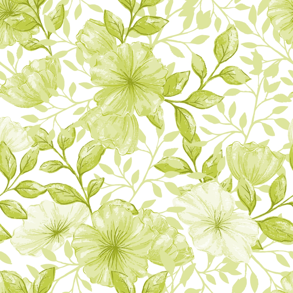 lime green, sage green, pale green, floral pattern, botanical design, large flowers, leafy vines, watercolor style, soft pastels,, fabric panel, spring theme, nature motif, delicate florals, seamless repeat, country flowers, garden blooms, organic shapes, fresh colors, cotton fabric
