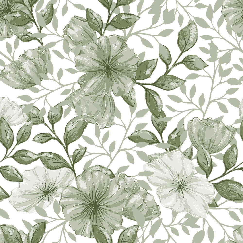 sage green, muted green, cream white, floral pattern, botanical design, large flowers, leafy branches, vintage style, watercolor effect, seamless repeat,, fabric panel, nature motif, soft palette, delicate florals, country flowers, botanical illustration, monochromatic green, flowing vines, organic pattern