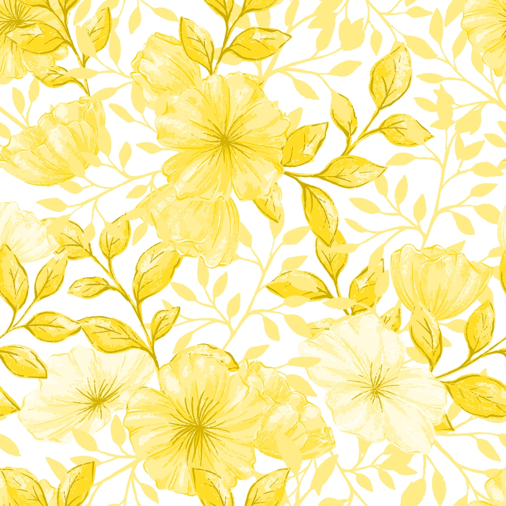 yellow, golden yellow, pale yellow, cream, white, floral pattern, large flowers, botanical design, leaves, foliage, watercolor style, soft tones, monochromatic, repeating pattern,, fabric panel, delicate florals, spring flowers, light background, seamless design