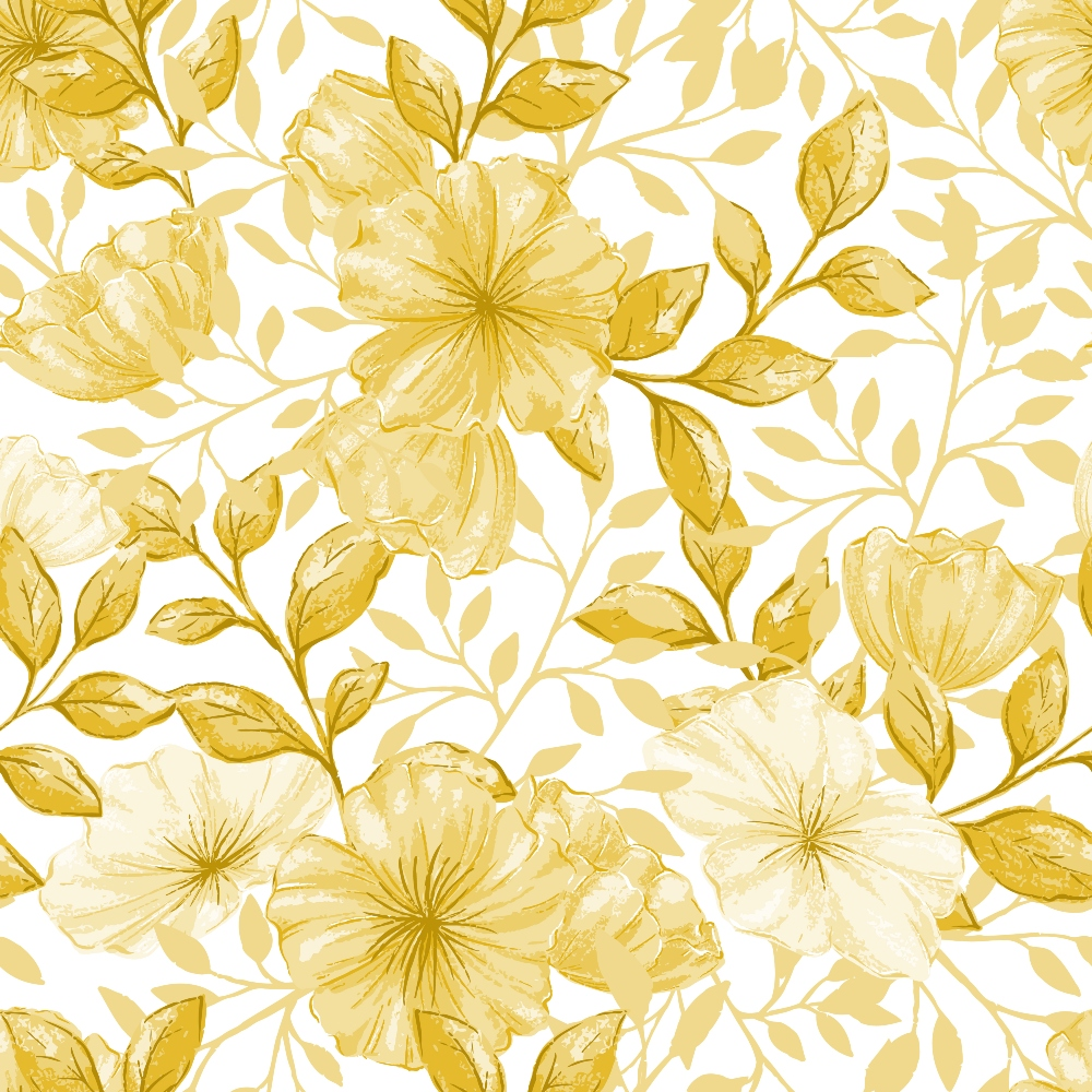 golden yellow, cream, floral pattern, large flowers, botanical design, leaves, branches, monochromatic, watercolor style, seamless repeat,, fabric panel, warm tones, vintage blooms, delicate petals, flowing vines, soft texture, country flowers, nature motif, feminine design