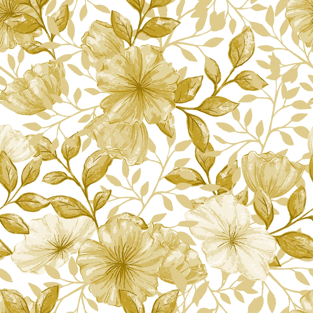 golden yellow, cream, beige, floral pattern, large blooms, botanical design, leaves, branches, vintage style, monochromatic,, fabric panel, country flowers, seamless repeat, watercolor effect, soft petals, nature motif, warm tones, feminine design, crafting fabric