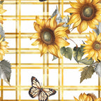 sunflower, butterfly, golden yellow, orange, plaid background, monarch butterfly, floral pattern, country style,, fabric panel, botanical design, nature motif, cheerful, bright colors, summer theme, rustic charm, checkered pattern, garden flowers, wings, petals