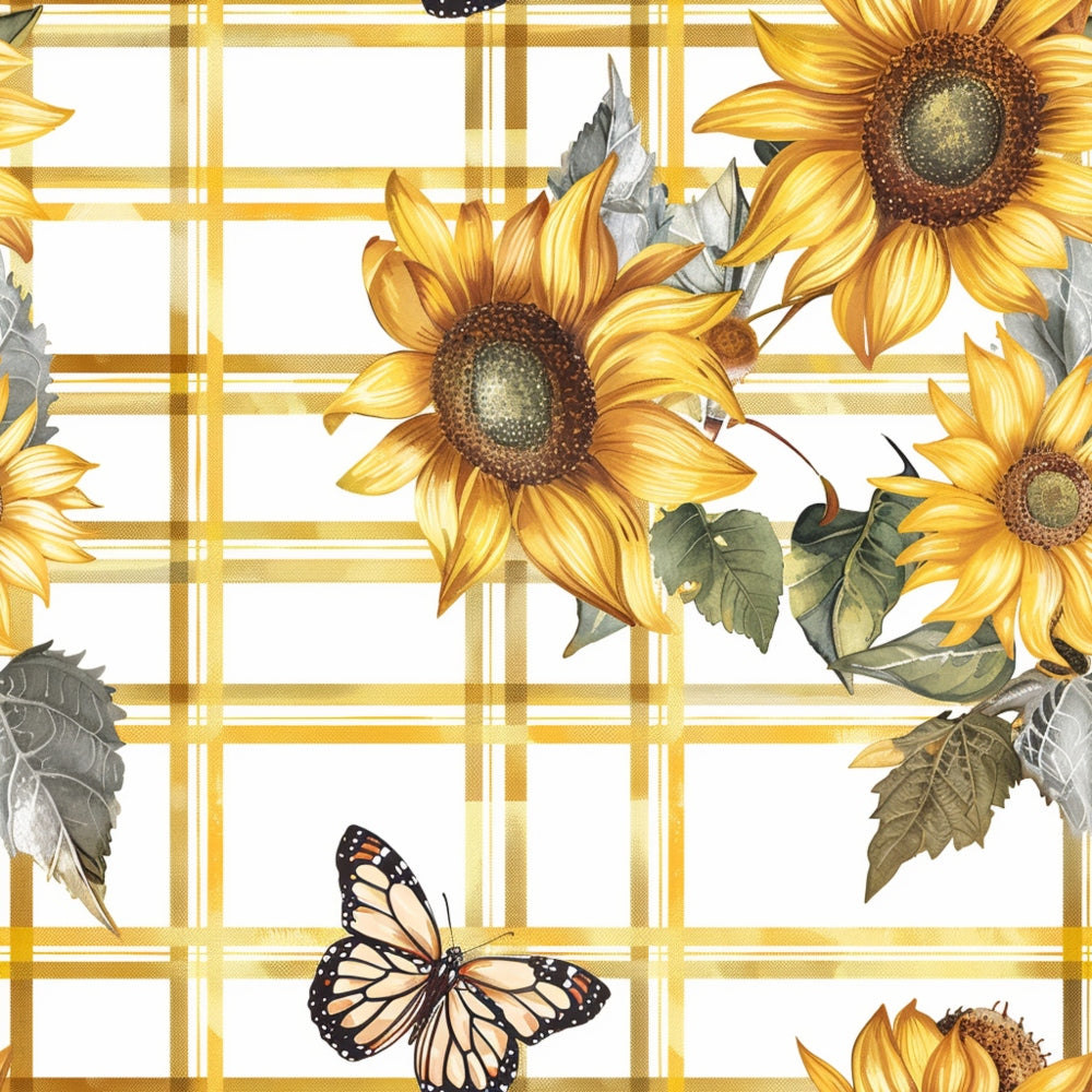 sunflower, butterfly, golden yellow, orange, plaid background, monarch butterfly, floral pattern, country style,, fabric panel, botanical design, nature motif, cheerful, bright colors, summer theme, rustic charm, checkered pattern, garden flowers, wings, petals