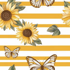 sunflowers, butterflies, yellow stripes, golden yellow, brown centers, green leaves, white stripes,, fabric panel, floral pattern, nature motifs, spring theme, summer vibes, botanical design, country style, warm colors, striped background, garden elements, cheerful mood, cotton fabric