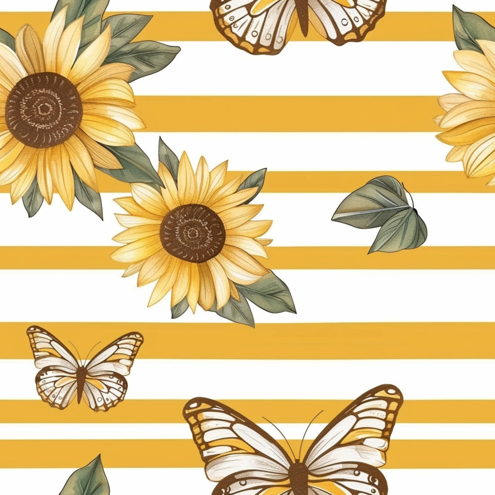 sunflowers, butterflies, yellow stripes, golden yellow, brown centers, green leaves, white stripes,, fabric panel, floral pattern, nature motifs, spring theme, summer vibes, botanical design, country style, warm colors, striped background, garden elements, cheerful mood, cotton fabric