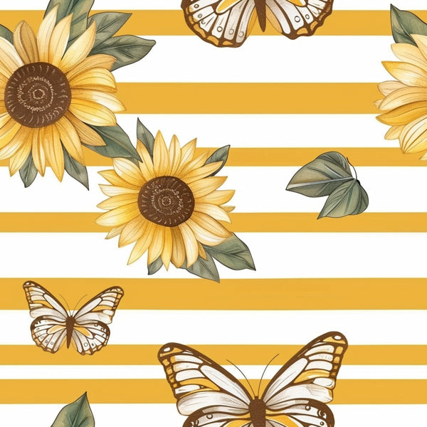 sunflowers, butterflies, yellow stripes, golden yellow, brown centers, green leaves, white stripes,, fabric panel, floral pattern, nature motifs, spring theme, summer vibes, botanical design, country style, warm colors, striped background, garden elements, cheerful mood, cotton fabric