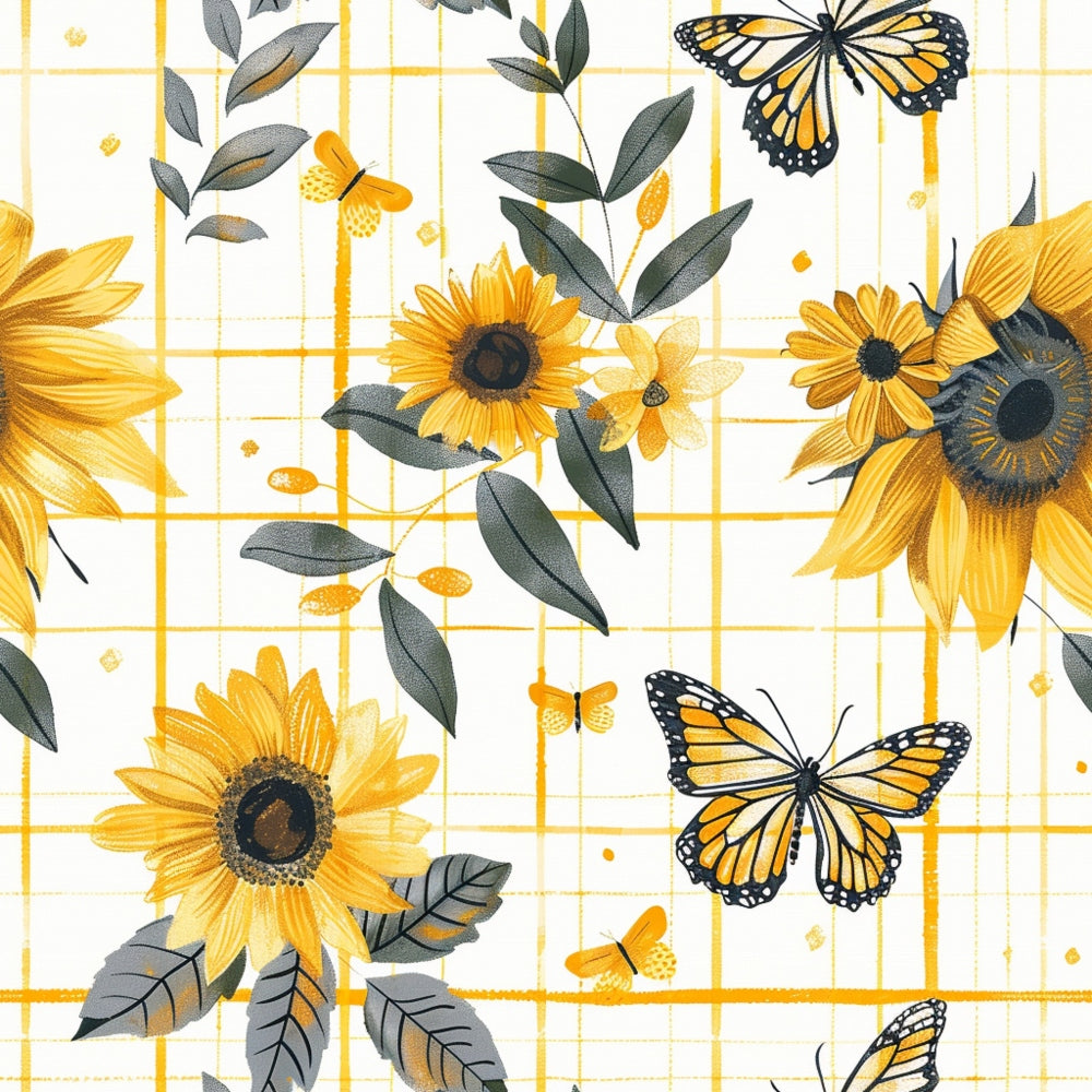sunflowers, monarch butterflies, yellow flowers, orange butterflies, green leaves, white background, golden grid pattern, floral design, nature motif, spring theme,, fabric panel, botanical print, cheerful mood, country style, garden flowers, insect pattern, sunny colors, craft fabric, patchwork material