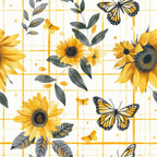 sunflowers, monarch butterflies, yellow flowers, orange butterflies, green leaves, white background, golden grid pattern, floral design, nature motif, spring theme,, fabric panel, botanical print, cheerful mood, country style, garden flowers, insect pattern, sunny colors, craft fabric, patchwork material