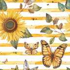 sunflower, butterfly, monarch butterfly, yellow stripes, orange wings, green leaves, watercolor style,, fabric panel, country style, botanical pattern, nature motif, golden yellow, warm tones, autumn colors, floral design, insect pattern, rustic charm, garden theme