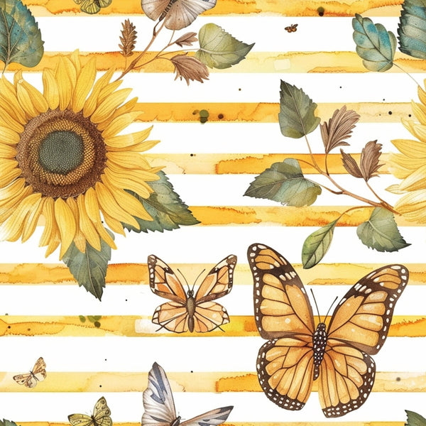 sunflower, butterfly, monarch butterfly, yellow stripes, orange wings, green leaves, watercolor style,, fabric panel, country style, botanical pattern, nature motif, golden yellow, warm tones, autumn colors, floral design, insect pattern, rustic charm, garden theme