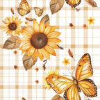 sunflower, butterfly, golden yellow, orange, brown, cream, beige, plaid background, gingham pattern, monarch butterfly, floral design, leaves, feathers, small flowers, country style, rustic, autumn colors,, fabric panel, warm tones, botanical motif