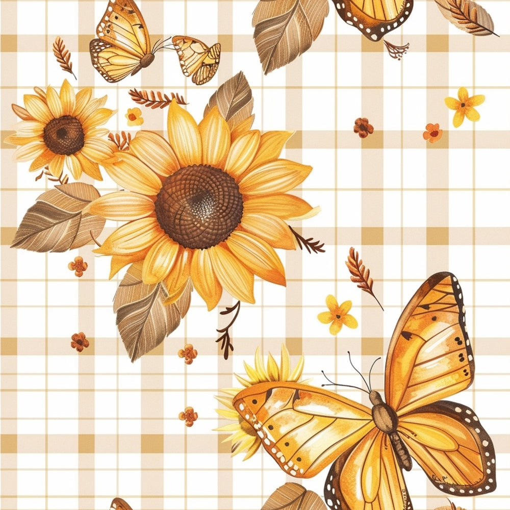 sunflower, butterfly, golden yellow, orange, brown, cream, beige, plaid background, gingham pattern, monarch butterfly, floral design, leaves, feathers, small flowers, country style, rustic, autumn colors,, fabric panel, warm tones, botanical motif