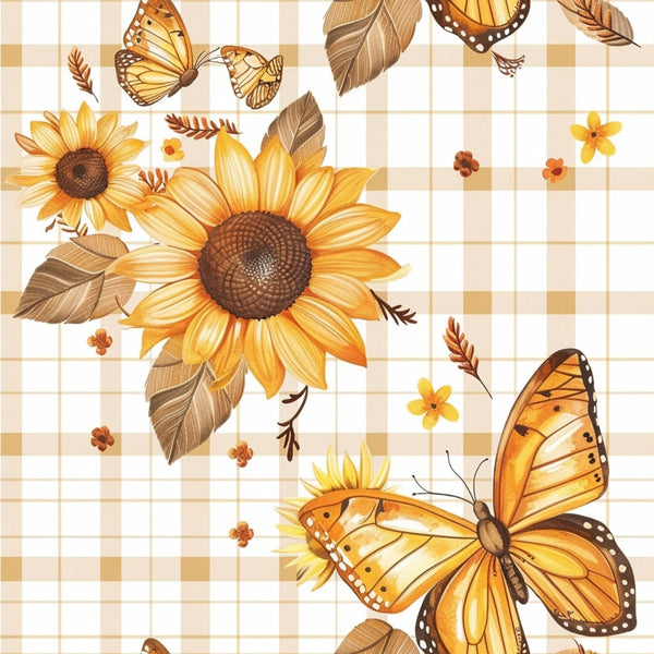 sunflower, butterfly, golden yellow, orange, brown, cream, beige, plaid background, gingham pattern, monarch butterfly, floral design, leaves, feathers, small flowers, country style, rustic, autumn colors,, fabric panel, warm tones, botanical motif