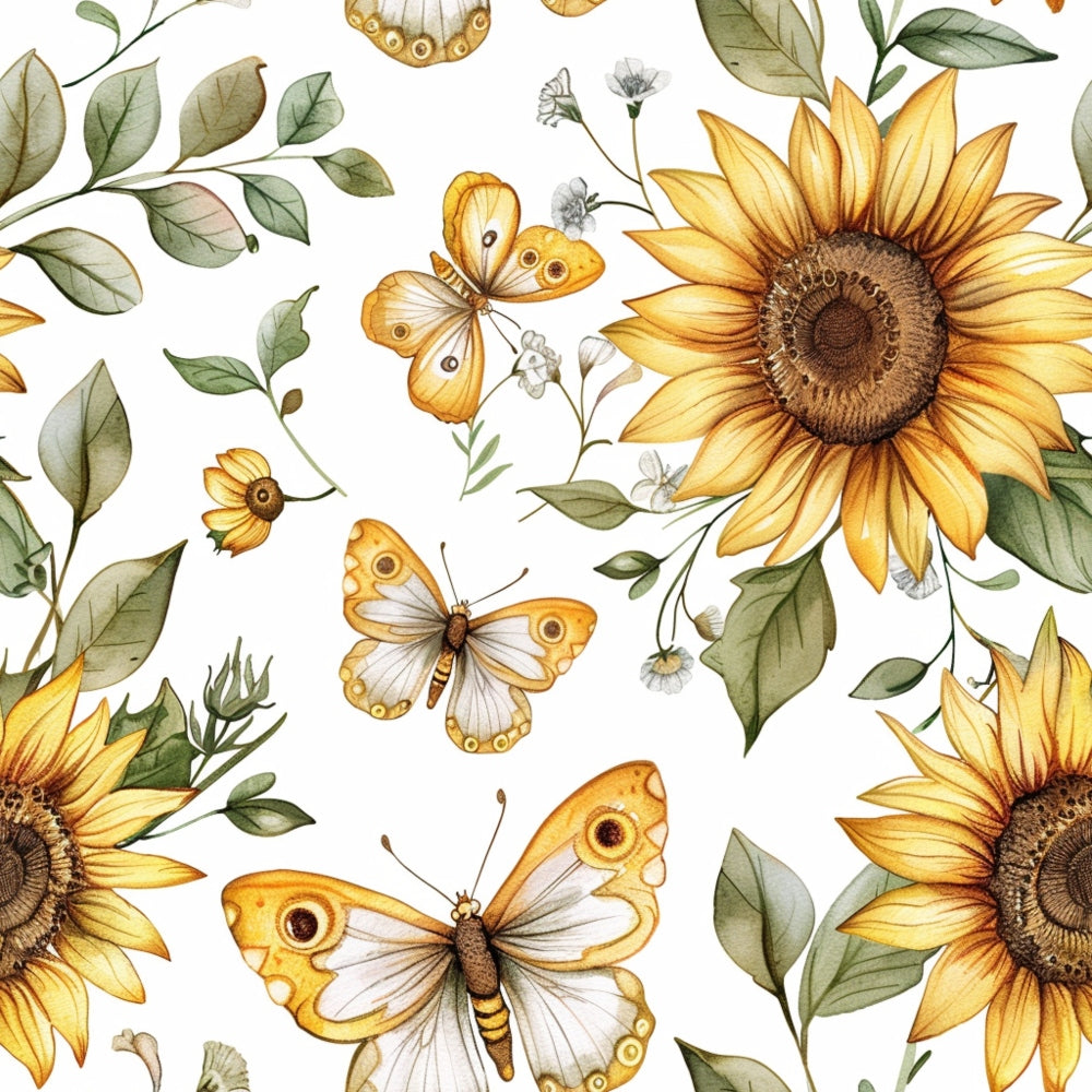 sunflower pattern, butterfly motif, yellow blooms, golden petals, orange butterflies, green leaves, botanical design, country style, floral fabric,, nature theme, spring garden, watercolor style, repeating pattern, fabric panel, cottage core, rustic charm, summer flowers, delicate wings, natural elements