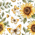 sunflower pattern, butterfly motif, yellow blooms, golden petals, orange butterflies, green leaves, botanical design, country style, floral fabric,, nature theme, spring garden, watercolor style, repeating pattern, fabric panel, cottage core, rustic charm, summer flowers, delicate wings, natural elements