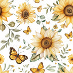 sunflower pattern, butterfly motif, yellow flowers, orange butterflies, green leaves, botanical design, floral print,, fabric panel, country style, watercolor style, nature theme, summer florals, realistic sunflowers, monarch butterflies, cream background, garden theme, cottage core, soft pastels, repeating pattern