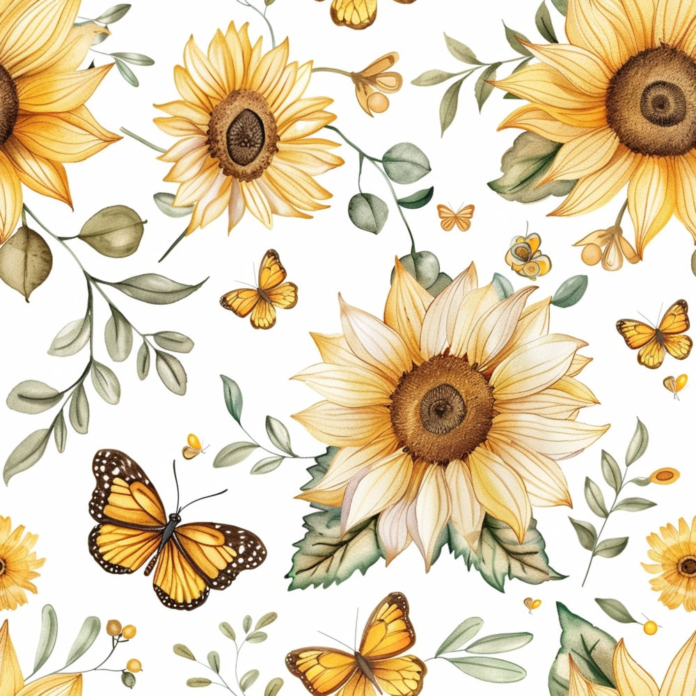 sunflower pattern, butterfly motif, yellow flowers, orange butterflies, green leaves, botanical design, floral print,, fabric panel, country style, watercolor style, nature theme, summer florals, realistic sunflowers, monarch butterflies, cream background, garden theme, cottage core, soft pastels, repeating pattern