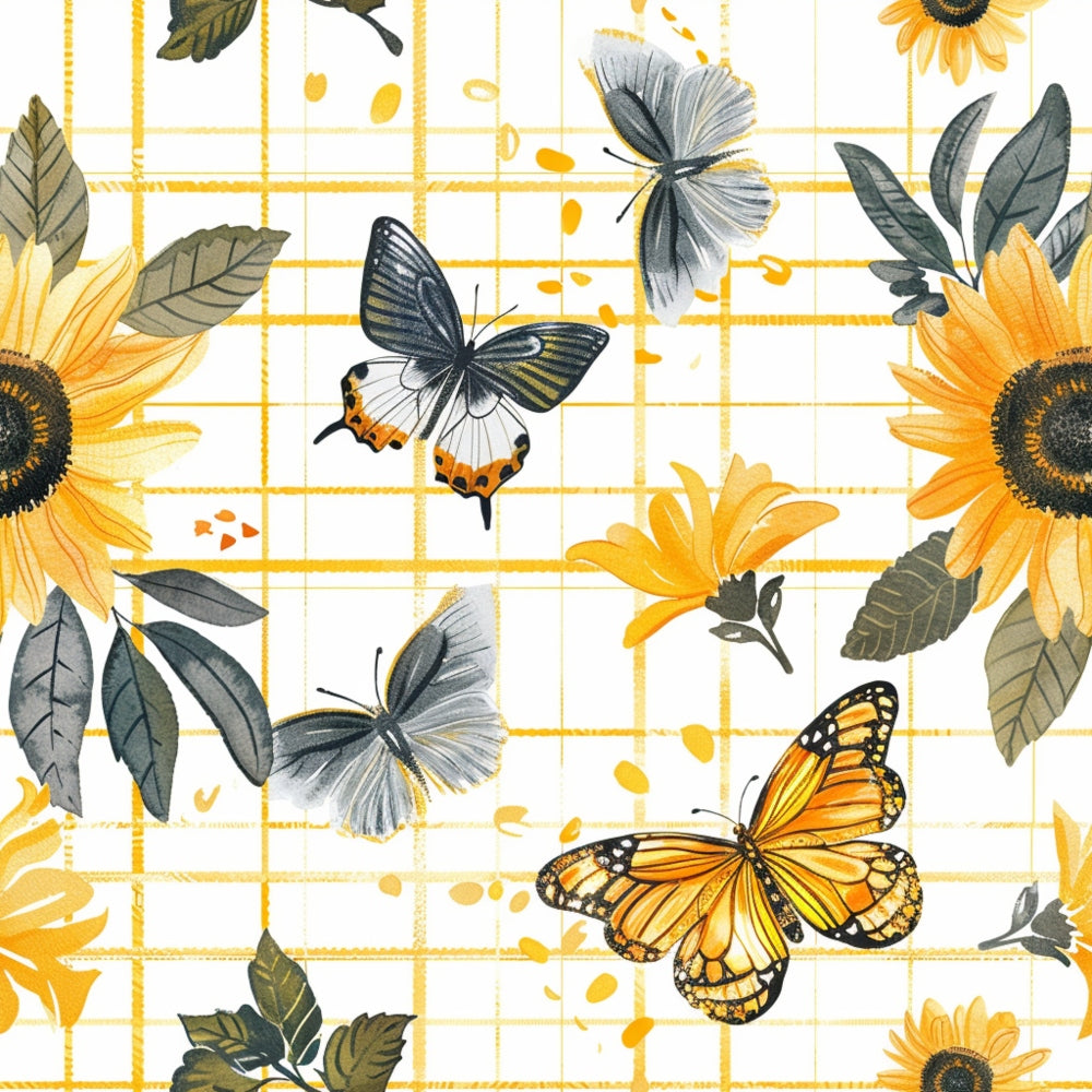 sunflower pattern, butterfly design, yellow flowers, orange monarch butterfly, blue butterflies, green leaves, grid background, floral motif, nature theme,, fabric panel, country style, garden insects, botanical print, cheerful colors, spring summer, cottagecore aesthetic, rustic charm, handcrafted look, artistic illustration